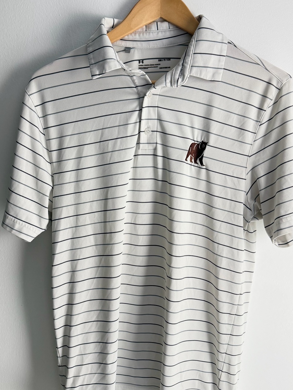 Under Armour Men’s White Striped Polo with Bear Logo